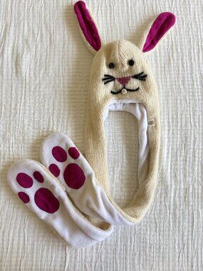 Nirvana Designs Bunny Rabbit Hat Scarf Mitten Set Hand Knit Wool Mohair Kids
